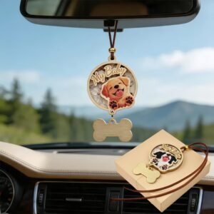 Custom Pet Portrait Car Charm, Personalized Dog Cat Tag Keepsake, Basswood Brass Pendant, Pet memorial gift